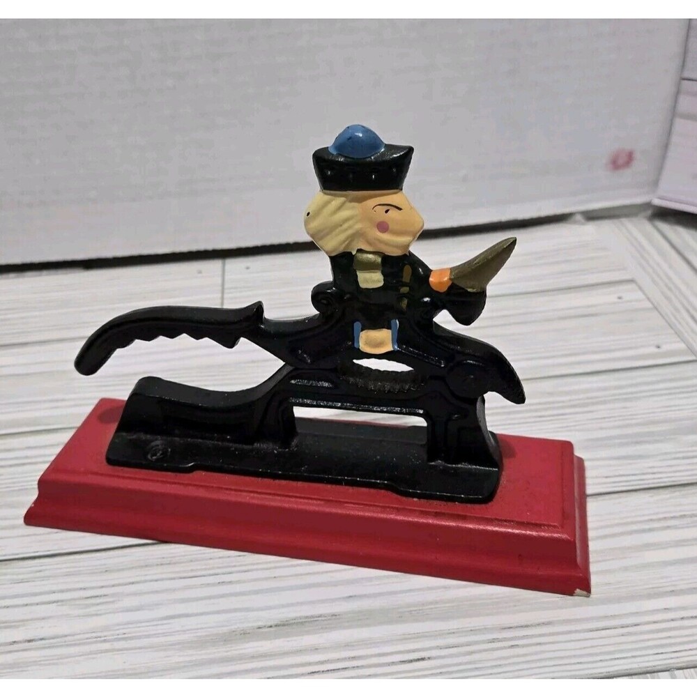Vtg 1980s Hand Painted Cast Iron Nutcracker Soldier Wooden Base Christmas Retro